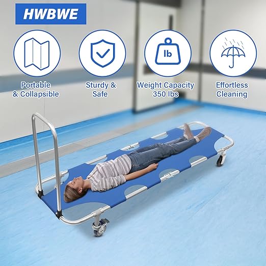 Folding Stretcher for Emergency w/Trolley 4 Wheels & Straps, Aluminum Alloy Portable Emergency Medical Stretcher for Hospital Clinic Home Sports Venues Ambulance