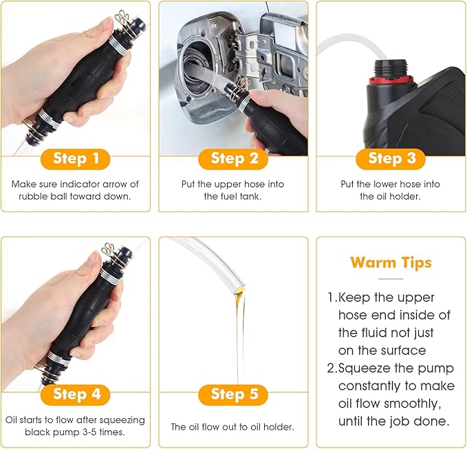 Gasoline Siphon Hose Pump, Hand Fuel Transfer Pump, High Flow Gas Siphon Pump for water Gasoline Oil Petrol Diesel, Manual Fuel Pump with 2 Premium PVC Hoses