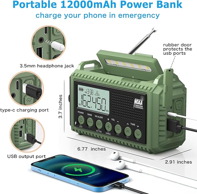 NOAA Weather Radio 12000mAh - Emergency Radio Hand Crank Solar Battery Operated Portable AM/FM Shortwave Radio with USB-C Charger, Flashlight, SOS Alert for Home Outdoor Hurricane Survival