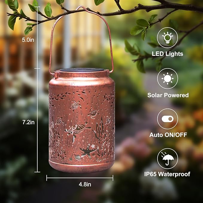 YISITEONE Sea Turtle Outdoor Solar Lanterns, Garden Waterproof Metal Hanging Decor Lights for Patio Yard Pathway Lawn Front Porch, Birthday Gardening Gifts for Women Mom Grandma