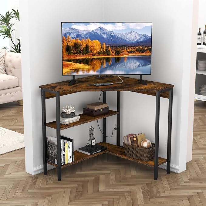Auromie Corner Desk with Outlets & USB Ports, 90 Degree Triangle Corner Table with CPU Stand & Storage Shelves for Small Space, Computer Table with Charging Station for Home Office Bedroom (Rustic)