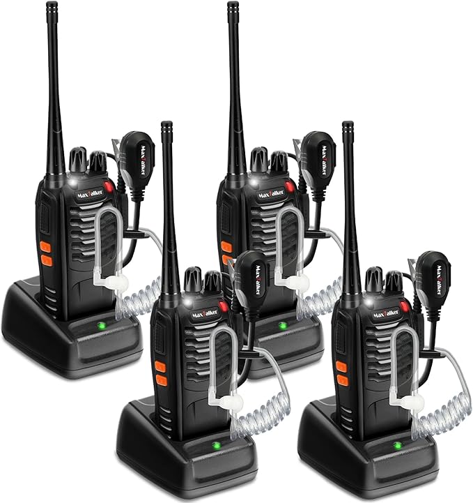 Rechargeable Walkie Talkies Long Range: MaxTalker MT-8S Walkie Talkie with Earpiece, Flashlight, VOX 1500mAh Battery, Walkie Talkies for Adults Business, Hunting Camping Essentials, 4 Pack