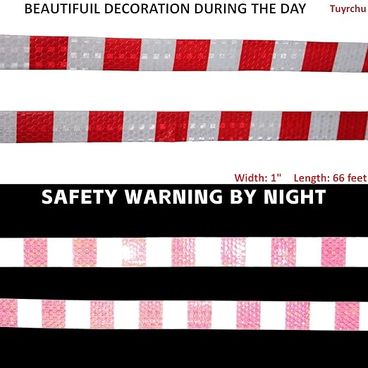 Red White Reflective Tape 1 inch Wide for Trailer, Outdoor Waterproof High Visibility Safety Warning Adhesive Strips (66 feet)