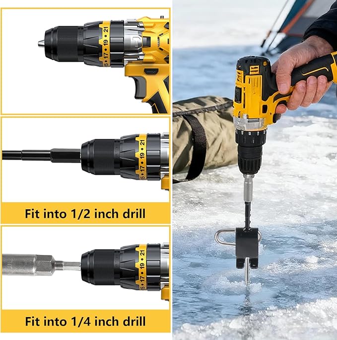 Heavy Duty Ice Anchor Drill Adapter Tool Kit, 15Pcs Stainless Steel Tent Stakes Set with 13FT Ratchet Ropes, Tent Hooks, Canvas Bag for Ice Fishing Shelter Setup(6Pcs Tent Stakes+4Pcs Rope Roller)