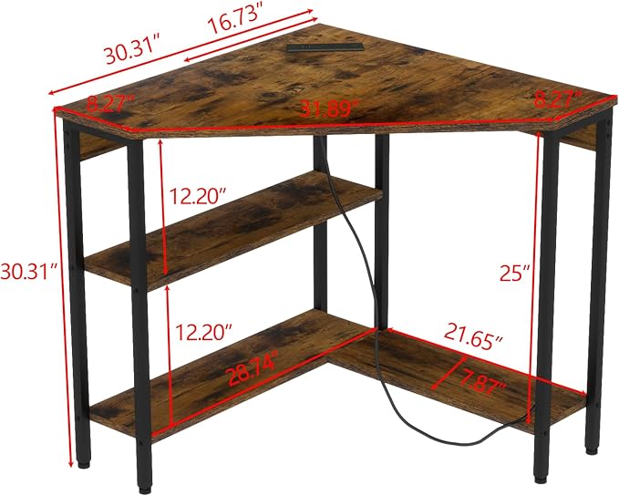 Auromie Corner Desk with Outlets & USB Ports, 90 Degree Triangle Corner Table with CPU Stand & Storage Shelves for Small Space, Computer Table with Charging Station for Home Office Bedroom (Rustic)
