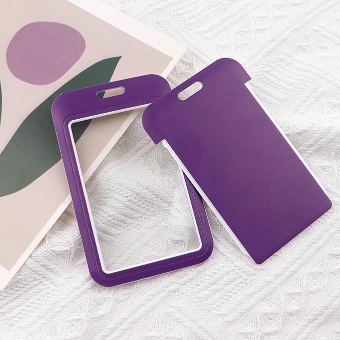 2-Pack Purple Card Holder Set, Clear Plastic ID Badge Holder, Top Slot for Lanyard & Keychain, Reusable PVC Card Sleeve for Work Office School Access Card