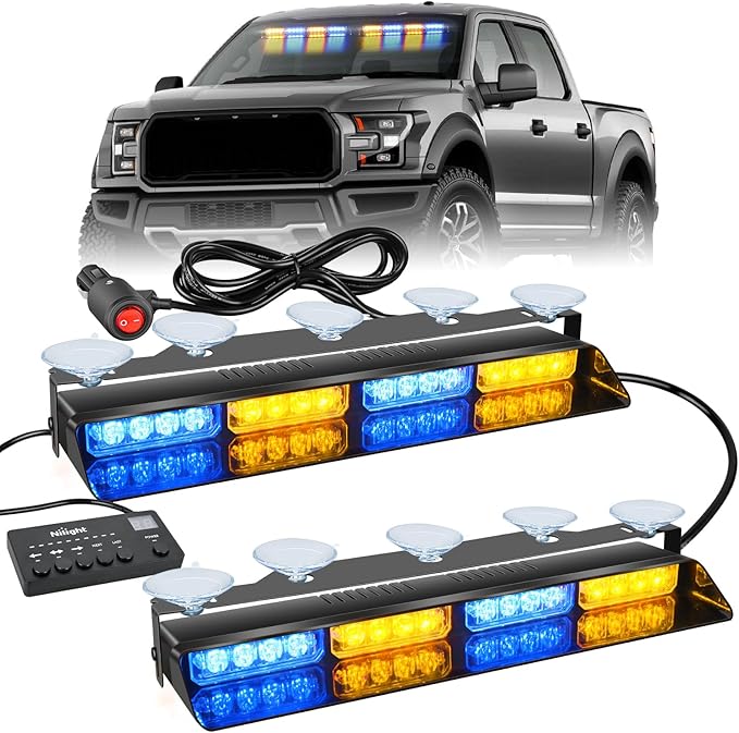 Nilight 32LED Amber Blue Emergency Dash Strobe Lights with Controller Suction Cups Warning Hazard Interior Front/Rear Windshield Deck Split Light Bar for Trucks Construction Vehicles