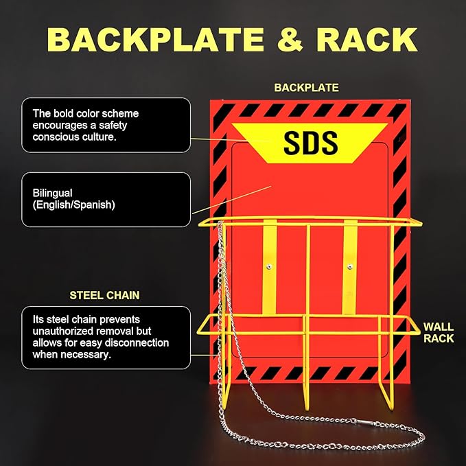 MSDS SDS Binder and Wall Station,Yellow Heavy Duty 3 Inch Material Safety Data Sheet 3 Ring Binder with SDS Wire Rack and Display Sign,Chain,Mounting Hardware,Safety Posters and MSDS Labels