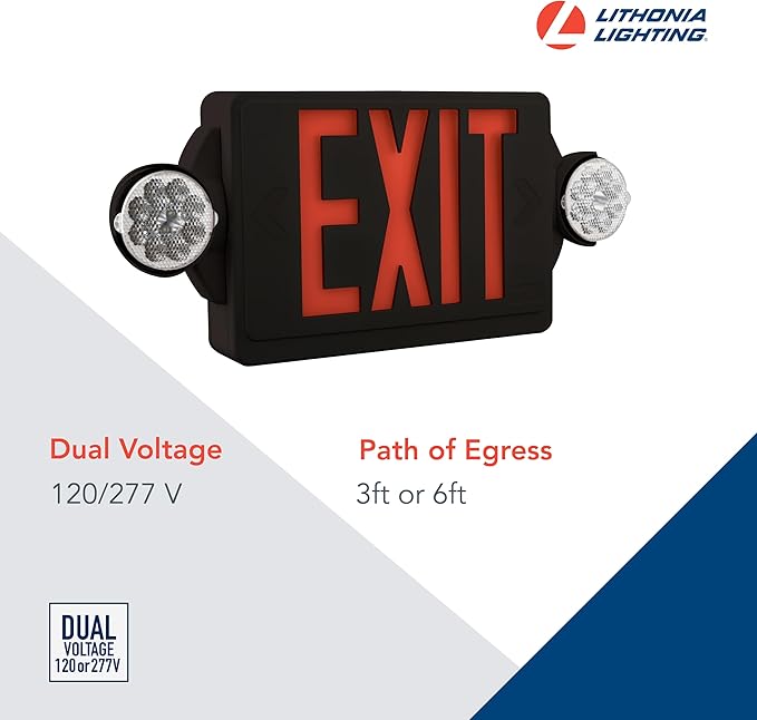 Lithonia Lighting LHQM Quantum LED Exit Sign/Emergency Light Combo, Exit Sign and Emergency Lights for Business, 2-Head Fixture, Red Letters, 180 Lumens, MVolt, 4 Watts, Black