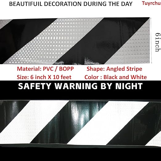 Black White Reflective Tape 6 inch X 10 feet, Outdoor Waterproof Hazard Conspicuity Warning Industrial Marking Tape