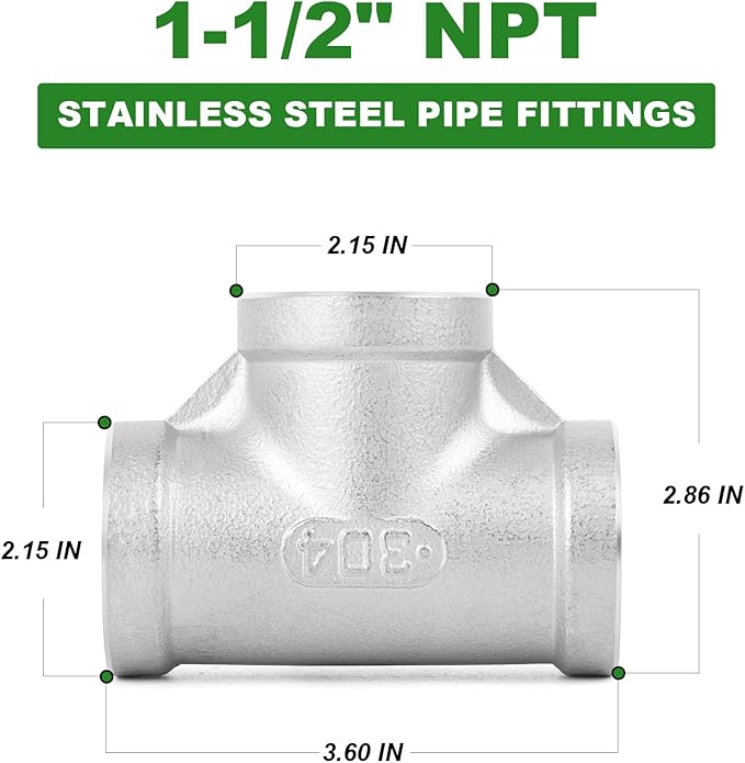TAISHER 2PCS 304 Stainless Steel Tee Pipe Fittings, 1-1/2" x 1-1/2" x 1-1/2" NPT Female Pipe Fittings