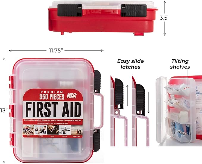 M2 BASICS Professional 350-Piece Emergency First Aid Kit for Car, Home, Office & Business – Organized Dual-Layer Hard Case, Wall-Mountable Medical Supply Organizer, OSHA Workplace Safety