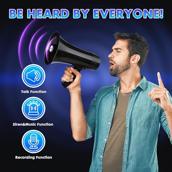 UZOCHI 20 Watt Rechargeable Megaphone Bullhorn Speaker, Siren and 240s Recording, Portable Mega Phone with Power Display and Strap (Black)