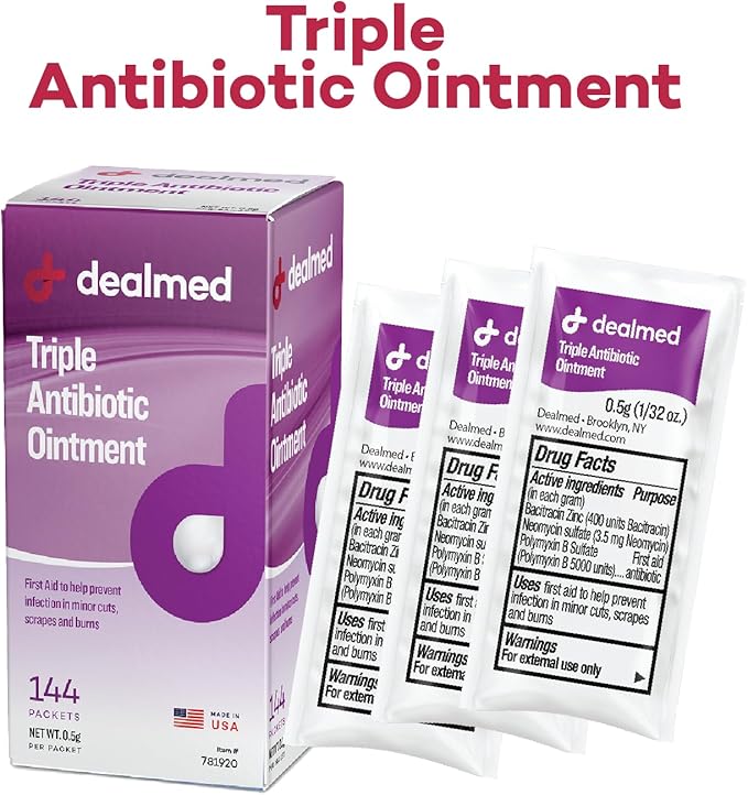 Dealmed Triple Antibiotic Ointment – Single-Use Packets for Instant Relief from Cuts, Scrapes and Burns, 144 Packets/Box (.5g) - Pack of 1