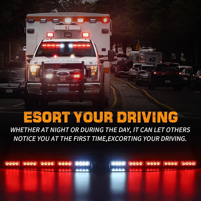 XRIDONSEN 34 inch Red Visor Emergency Light Bar Interior Windshield Strobe Lights 40 LED Warning Safety Flashing Hazard Light w/White Take Down for firefighter Police Vehicles POV Fire Trucks