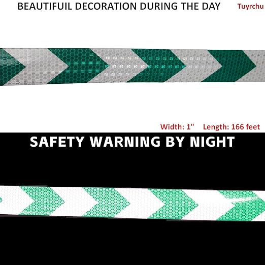 Green White Reflective Tape 1 inch Wide for Trailer, Outdoor Waterproof High Visibility Safety Warning Adhesive Strips (166 feet)
