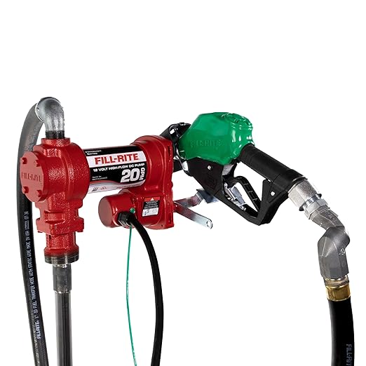 Fill-Rite FR4220HDSQ 12V 20 GPM Fuel Transfer Pump with Discharge Hose, Automatic Nozzle – Green, & Swivel | Gasoline, Diesel, Kerosene, Ethanol Blends, Methanol Blends & Biodiesel
