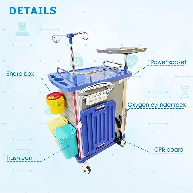 Crash Cart with Accessories - Mobile Emergency Treatment Trolley with IV Pole, Cardiac Board, O₂ Tank Holder, Trash Bin & Drawers for Clinic Nursing Center
