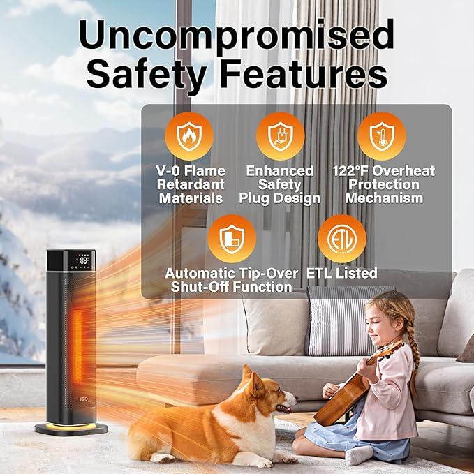 24" Space Heater, JRD Fast Heating Portable Electric Heater with Remote, Night Light, 80° Oscillation,4 Mode, Overheat&Tip-Over Protection, Ceramic Heat for Bedroom Office Indoor