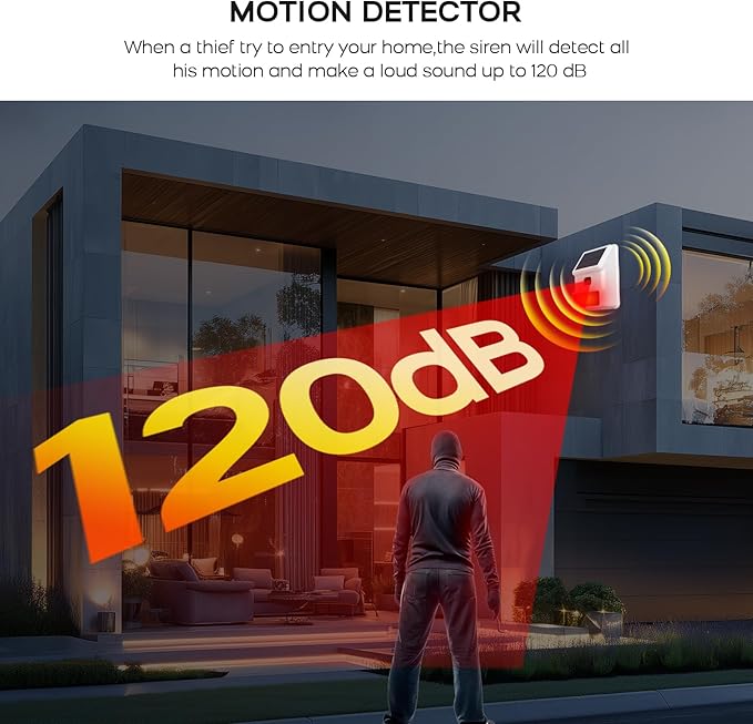 PGST Solar Alarm Motion Sensor,Outdoor Alarm Siren with Flashing Light,IP65 Waterproof,Remote Control,21 Sound Switching Options,120dB Loud Noise Maker for Farm,Yard,Garden,Fish Pond