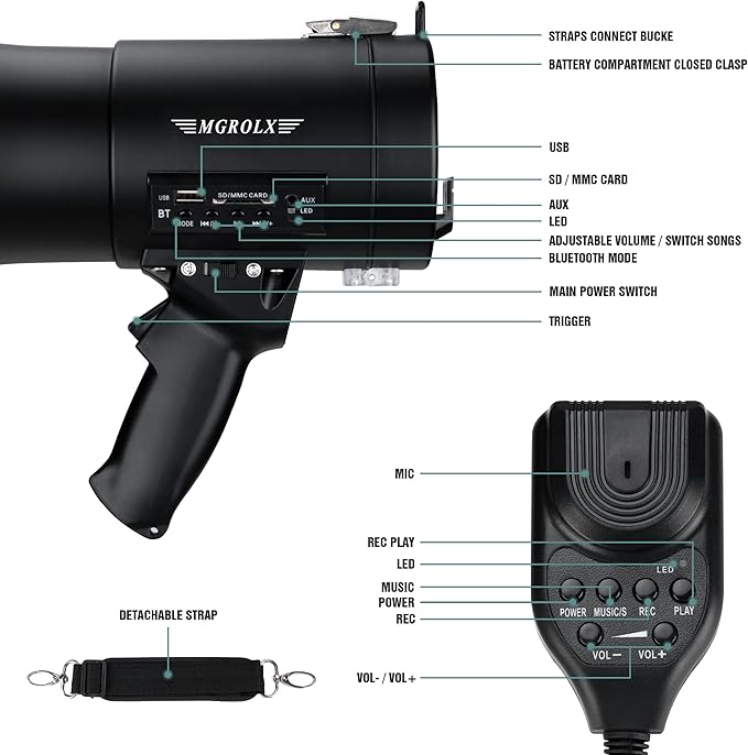 Bluetooth Megaphone Bullhorn, 50Watt Loud Speaker w/Rechargeable Battery, Built-in Siren and 260S Recording, USB/SD/AUX Input-for Outdoor, Police, Cheerleading(Matte Black)