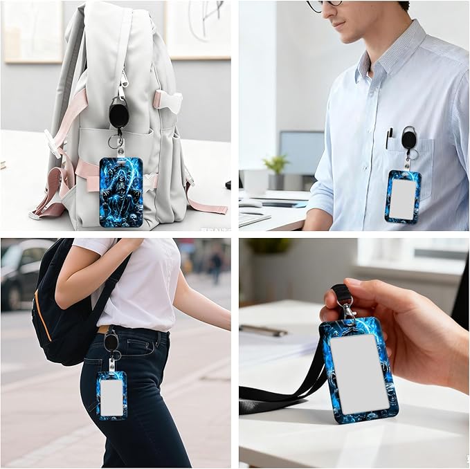 ID Badge Holder with Retractable Lanyard for Women & Men,Vertical ID Card Holder Wallet,Clear Window&Card Slot,Detachable Neck Strap for Nurse Teacher Office,Blue Fire Skull Spirit Rider