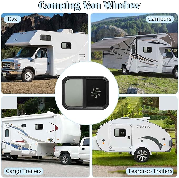 20"x14" RV Window with 12V Electric Fan - Horizontal Sliding Design, DOT Certified Tempered Glass, Aluminum Frame & Trim Kit