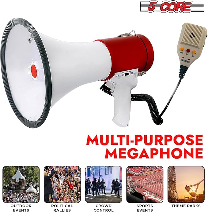 5 CORE Megaphone 50W Bull Horn Professional PA Speaker w 1200 Yards Range Loud Siren Voice Amplifier USB/SD/3.5mm Aux Portable Megafono for Emergency Outdoor Sports and Coaches - 66SF