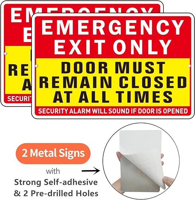 Emergency Exit Only Sign, (2 Pack) Self Adhesive Emergency Exit Sign Sticker for Door, Rust Free and Reflective Aluminum Metal Signs for Wall (9 x 6 inches, Red/Yellow)