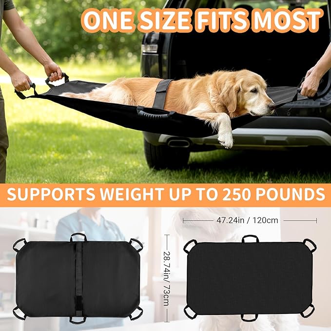 Geiserailie Transport Stretcher for Large Dogs with 6 Handles 47" L x 29" W Animal Folding Emergency Transport Carrier with Safety Strap, Max 250lbs (Black)
