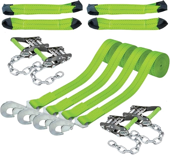 VULCAN 8-Point Vehicle Tie Down Kit with Snap Hook on Strap Ends and Chain Tail on Ratchet Ends - Set of 4 - Reflective High-Viz