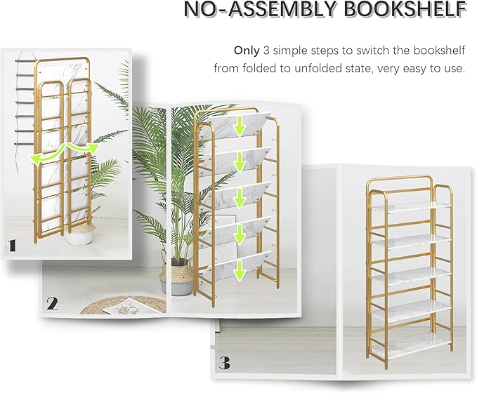 4NM No Assembly Folding Bookshelf, 5 Tiers Collapsible Book Shelves Open Industrial Foldable Storage Bookcase Shelf for Bedroom, Living Room, Home Office - White and Gold