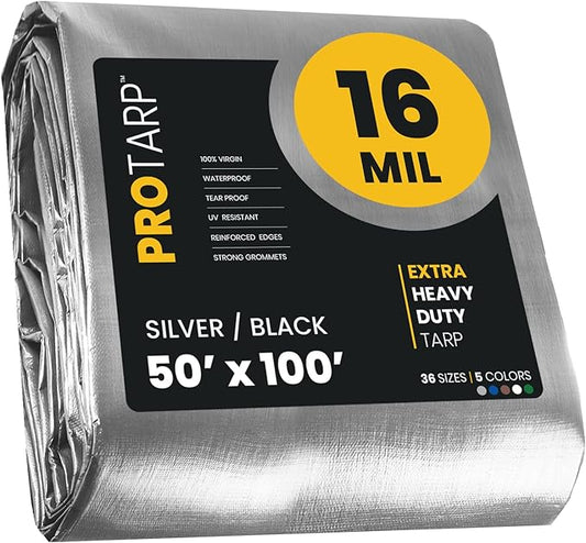 PROTARP Extra Heavy Duty 16 Mil Tarp Cover, Waterproof, UV Resistant, Rip and Tear Proof, Poly Tarpaulin with Reinforced Edges for Roof, Camping, Patio, Pool, Boat. (Silver/Black 50′ X 100′)