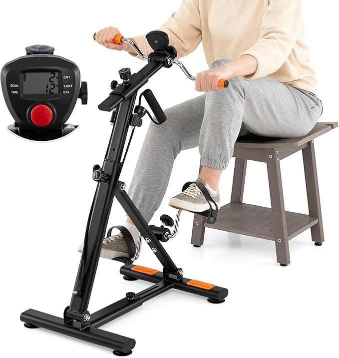 Goplus Pedal Exerciser for Seniors, Hand Arm Leg and Knee Therapy Peddler, Exercise Bike w/ Adjustable Resistance, LCD Monitor, Hands and Feet Massage, Home Recovery Fitness Machine for Elders
