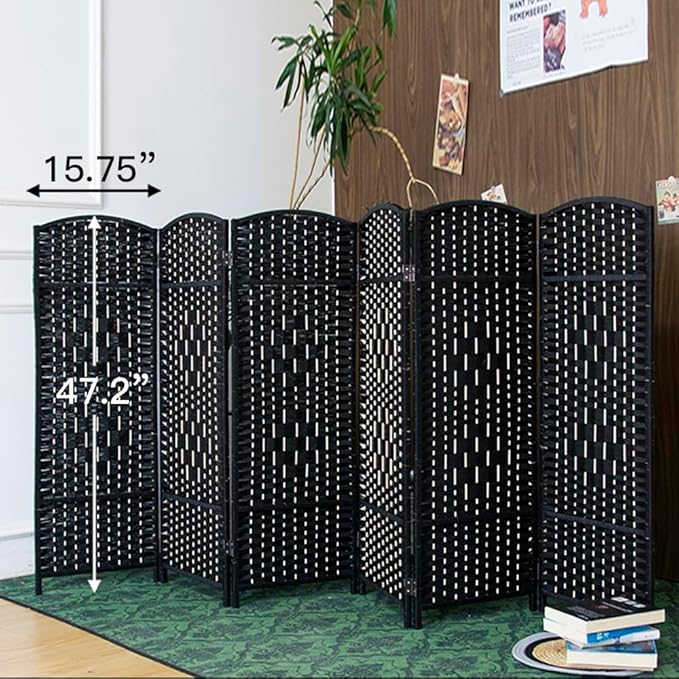 6 Panel Rattan Divider Short Room Partition Screen,Double Sided Folding Divider for Room Separation,Black,47.2" H x 94.5" W