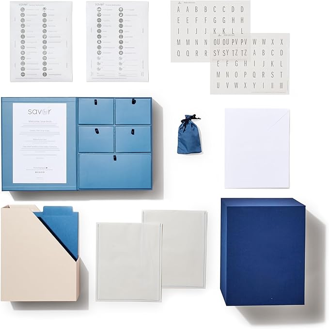 Savor | Deluxe Wedding Keepsake Box with 52 Labels, 6 Drawers, and 8 Vertical Files | Acid-Free Memory Organizer for Wedding Day, Bridal Shower & Anniversary (Blue, No Customization)