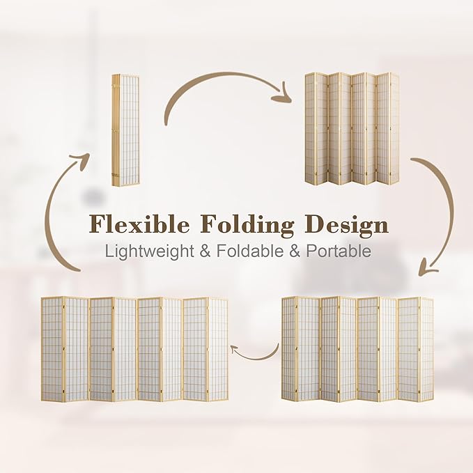 WelFurGeer 8 Panel Room Divider, Folding Privacy Shoji Screens, Room Partitions and Dividers, Decorative Room Dividers, Wall Dividers for Room Separation, Japanese Wood Room Divider for Home (Natural)