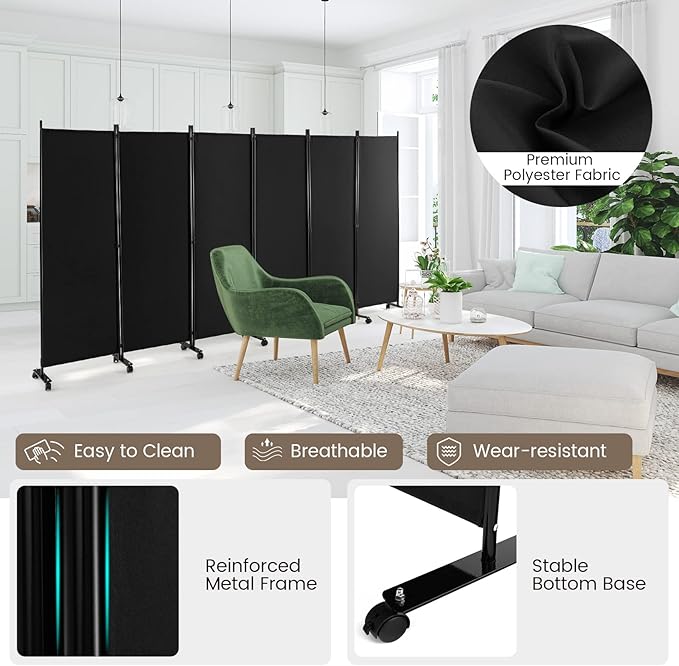Giantex 6 Panel Room Divider, 132''W x 68''H Large Folding Privacy Screen, Rolling Partition Room Dividers for Home Office Studio Separation, Freestanding Fabric Wall Divider Screen on Wheels, Black