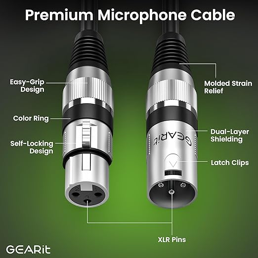 GEARit XLR Male to Female Microphone Cable (6 Feet, 2-Pack) 3-Pin Balanced Shielded Mixer, Recording Studio, Podcast - Black