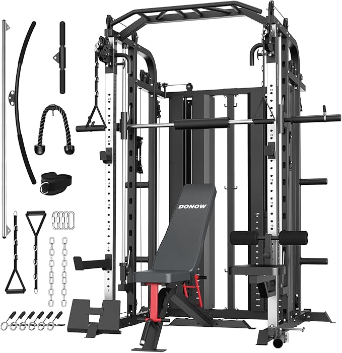 DONOW Smith Machine with Weight Stacks, Multi Function Home Gym System Training Power Cage Squat Rack Dual Cable Crossover Machine All in One