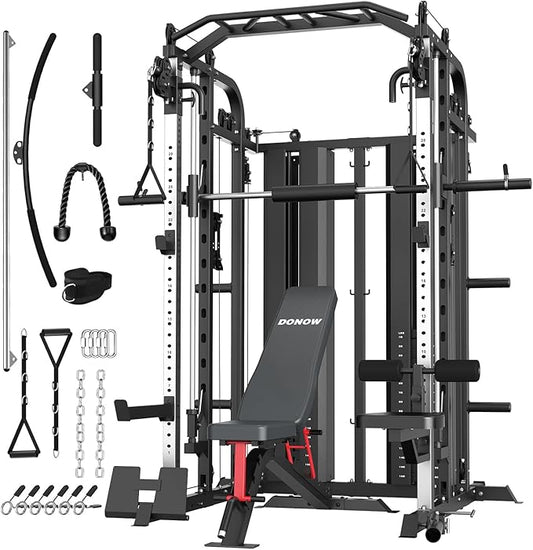 DONOW Smith Machine with Weight Stacks, Multi Function Home Gym System Training Power Cage Squat Rack Dual Cable Crossover Machine All in One