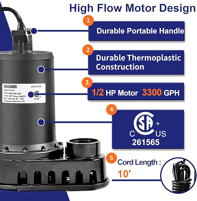 WASSERMANN 1/2HP Submersible Water Pump,3300GPH Thermoplastic Utility Pump Electric Portable Transfer Clean/Dirty Sump Pump for Pool Tub Garden Pond Draining with 10 FT Cord