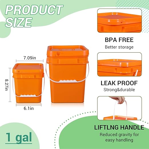 ASEVAT Orange 1 Gallon Bucket with Lid, Square Food Grade Storage Containers with Lids, Pail Container with Handle, Bucket for Cleaning Heavy-Duty Extra Durable BPA Free