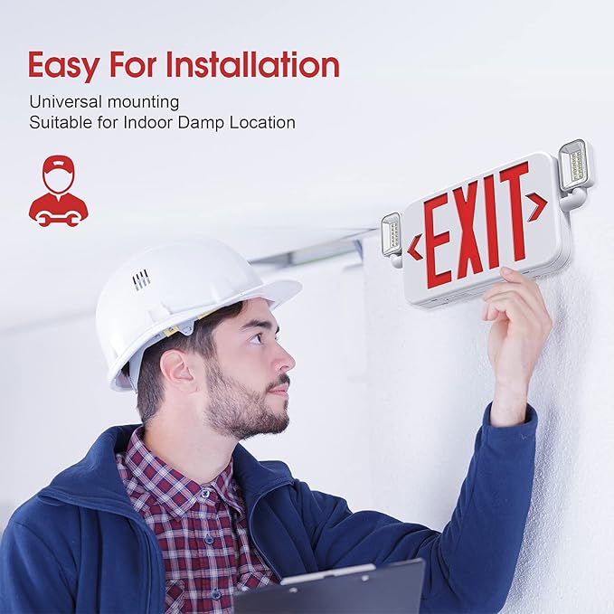Led Combo Emergency Exit Sign Light with Two Adjustable Head Lights and Backup Battery Exit Light,US Standard Red Letter Commercial Emergency Exit Lighting,UL 924,AC120/277V (2Pack)