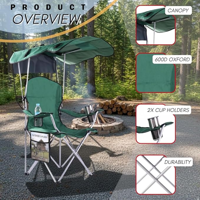Portable Folding Camping Chairs with Canopy Shade, Beach Chair for Adults, Durable Weather Resistant 600D Oxford Cloth, Camping Chair with Canopy for Outdoors [Green-2 Pack]