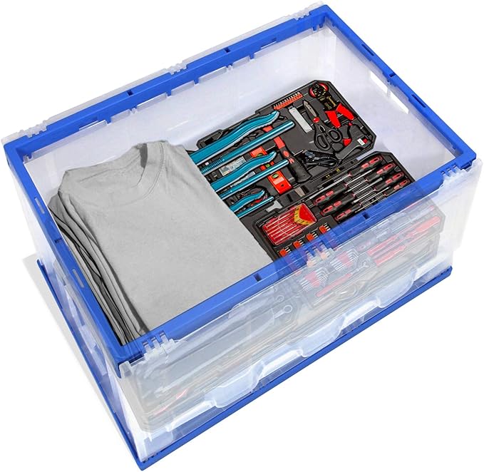 Mount-It! Folding Plastic Storage Crate, Collapsible Utility Distribution Container with Attached Lid, 23x15x13 Inches, 65L Liter Capacity, Clear (SET OF 3)