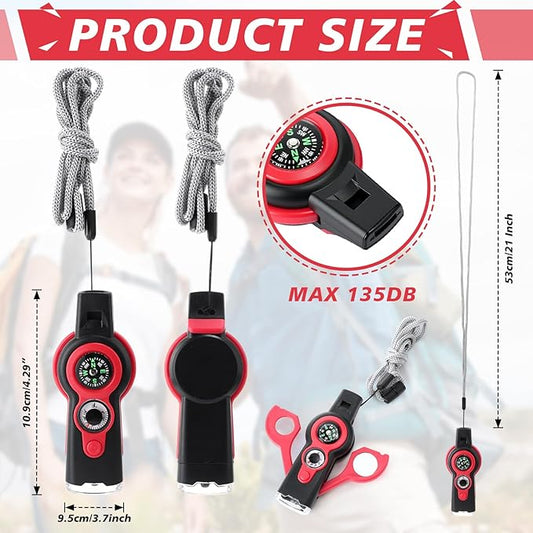 12 Pack Emergency Survival Whistle 7-in-1 Compass Hiking Survival Safety Whistle with Lanyard Outdoor Multifunctional Tool Ideal for Hiking Camping Rescue Signaling