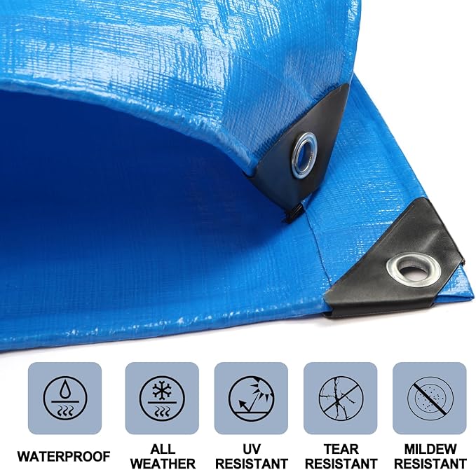 Tarp Heay Duty Waterproof 10x10ft,Blue Tarp Cover Plastic Poly Tarpaulin for Outdoor Cover,Emergency Rain,Roof, Pool, Boat,Camping - Multipurpose with 16Mil Thickness