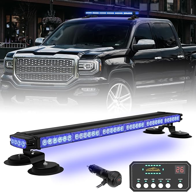 XRIDONSEN 28.4" 80 LED Roof Top Emergency Strobe Light Bar Blue Firefighter Police Lights Warning Flashing Safety Beacon Double Side First Responder Lights Magnetic Mount for Vehicles POV Fire Trucks