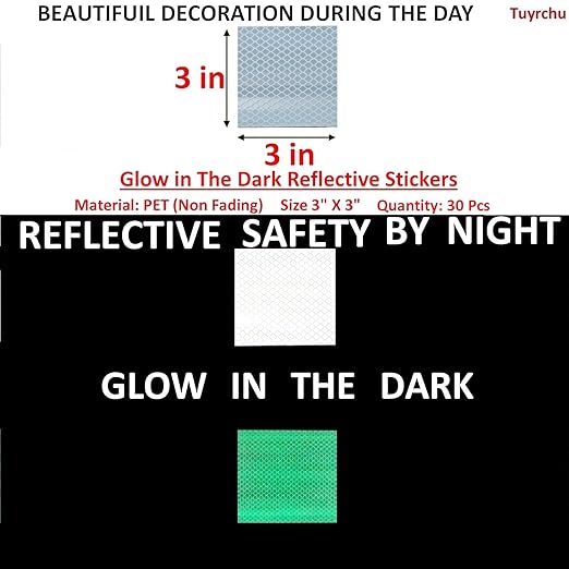 Glow in The Dark Reflective Stickers 3 inch X 3 inch for Bikes, Outdoor Waterproof High Visibility Reflector (30 Pcs)